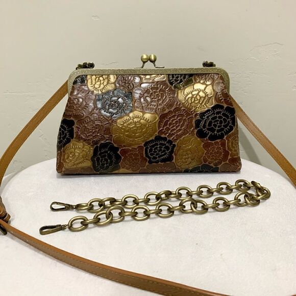 Handmade Genuine Leather Floral Embossed Kiss-lock Clutch/Crossbody & 2 Straps - Picture 1 of 16